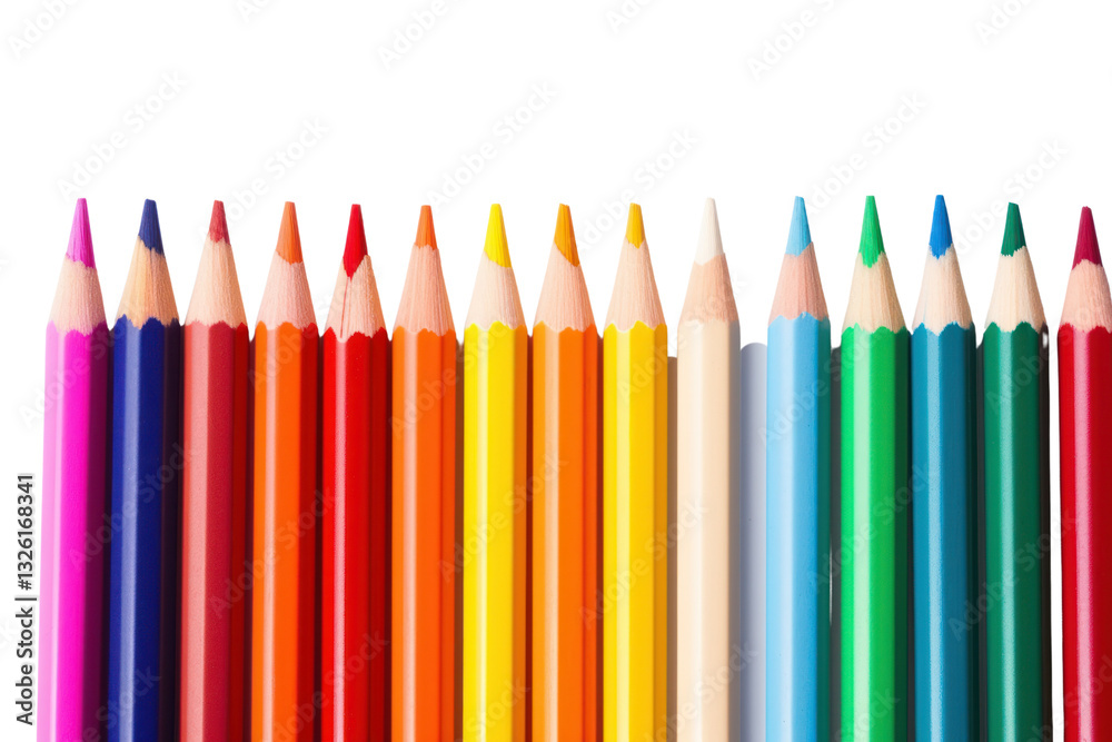 A set of colored pencils with different lengths and colors, neatly organized in a gradient pattern, isolated on white background A set of colored pencils with different lengths and colors, neatly organized in a gradient pattern, isolated on white background