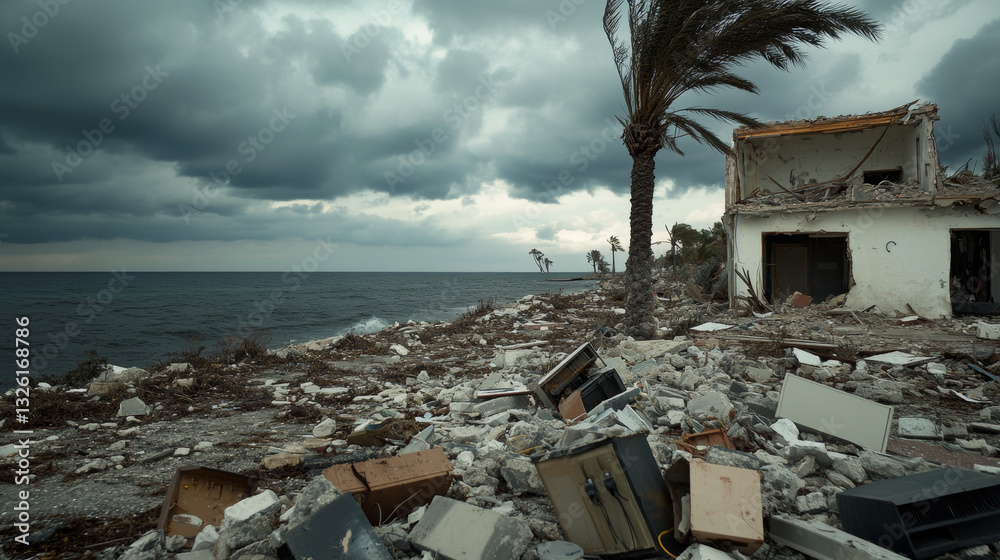 Naklejka premium A coastal location features a demolished building with scattered debris and palm trees swaying in the wind. Dark storm clouds loom above, suggesting an impending storm over the ocean