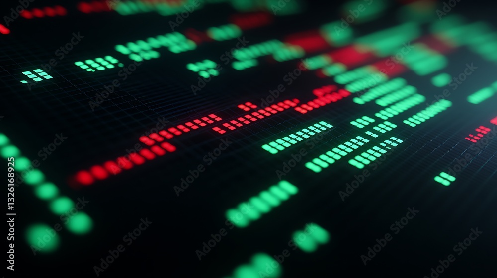 Fototapeta premium Abstract Digital Data Visualization with Green and Red Dots Representing Information Flow on Black Background