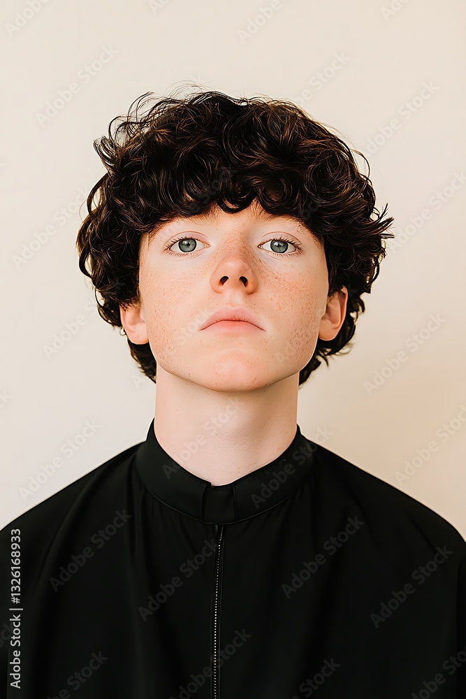 Fototapeta premium Portrait of a Young Person with Curly Hair and Focused Expression in Studio Setting on Neutral Tone