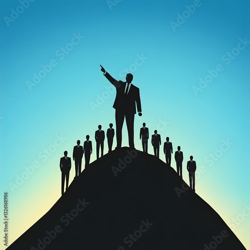 Visionary Leadership: A silhouette of a confident leader stands atop a hill, pointing towards the future, inspiring and guiding a team of dedicated professionals.
