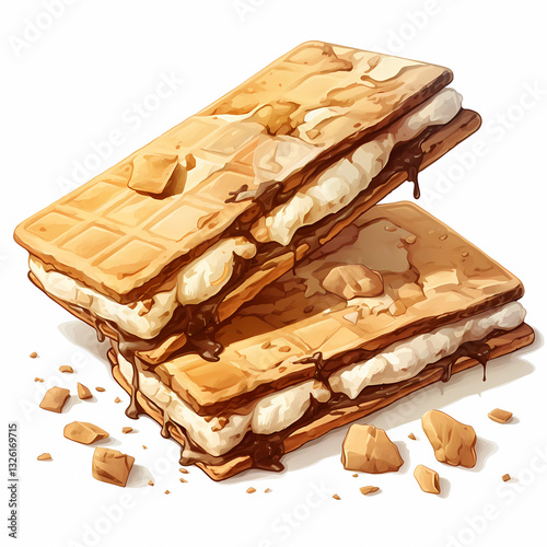 Sweet Stack: A mouthwatering illustration of two perfectly assembled s'mores, showcasing the delightful combination of graham crackers, marshmallow, and melted chocolate.