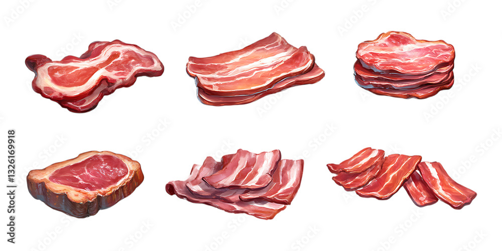 Pack Bacon Set in Different Poses Against Transparent Background for Food Illustration, Culinary Design, or Breakfast Promotion Pack Bacon Set in Different Poses Against Transparent Background for Food Illustration, Culinary Design, or Breakfast Promotion