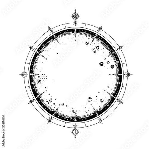 Intricate Black and White Celestial Mandala: A Detailed Astronomical Illustration with Stars, Planets, and Zodiacal Motifs.