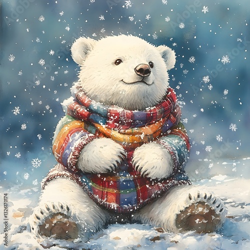 Adorable Polar Bear Cub in Plaid Sweater Winter Snow Scene Cute Animal Illustration