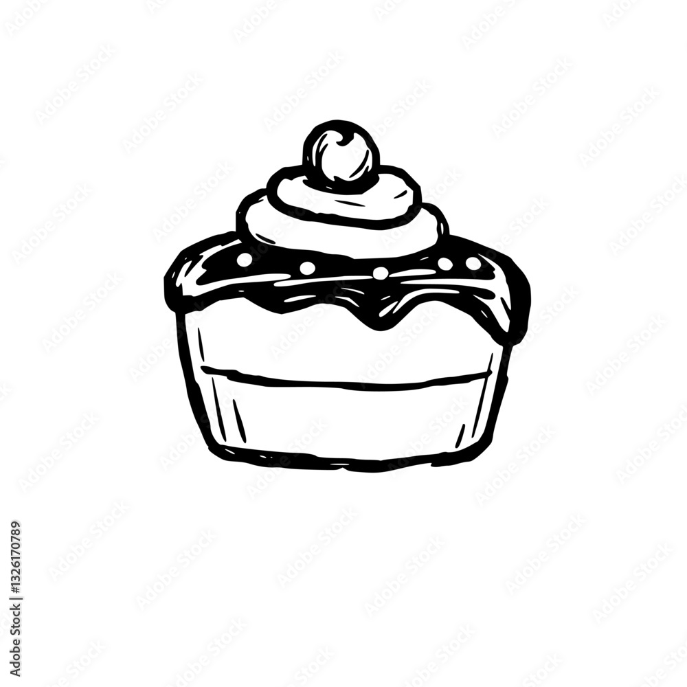 Black & White Sketch of a Delightful Cupcake with Cherry and Chocolate Frosting, on White Background. Black & White Sketch of a Delightful Cupcake with Cherry and Chocolate Frosting, on White Background.
