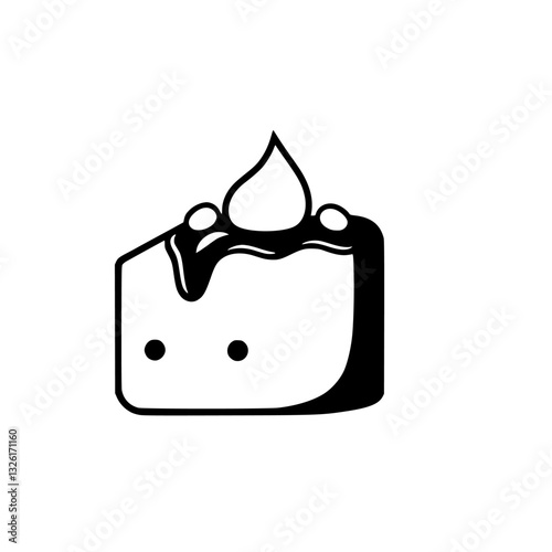 Minimalist black and white slice of cake logo with a drip, cream topping, and dot eyes on a clean white background.