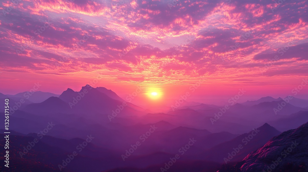 Fototapeta premium Breathtaking Sunset Casting Warm Hues Over Majestic Mountain Peaks Creating Tranquil Scenic View