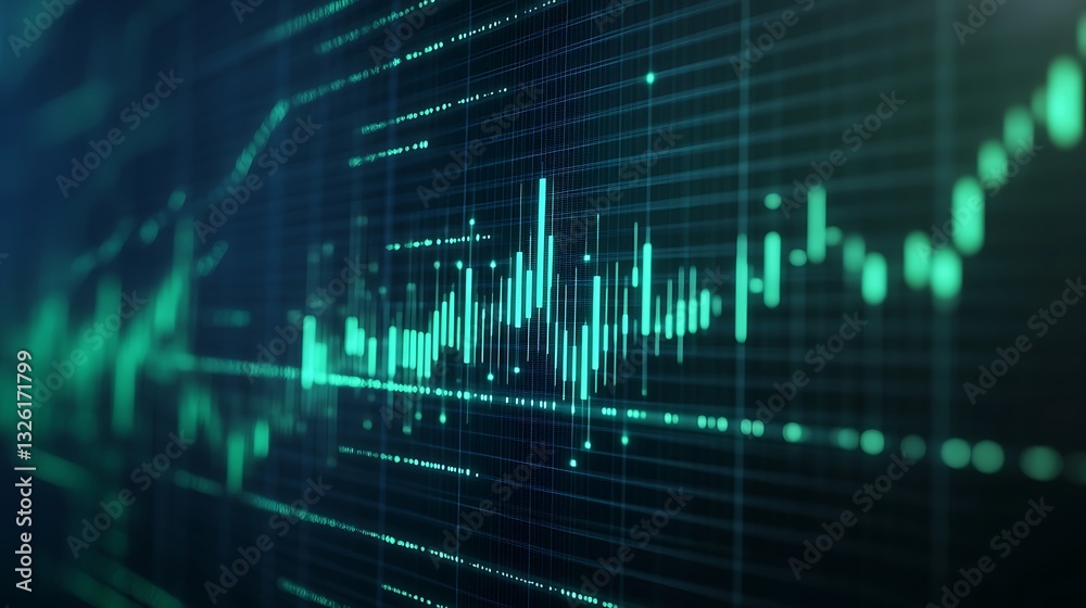 Abstract digital financial graph with glowing data points and fluctuating lines reflecting market trends