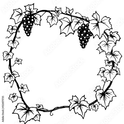 Black and white grape vine wreath illustration, featuring grapes and leaves, creating an elegant circular border.