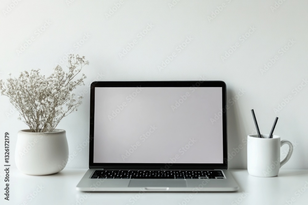 Fototapeta premium A laptop computer sitting on a white desk, perfect for working or studying