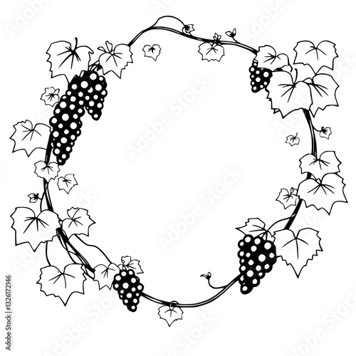 A circular grapevine illustration in black and white featuring bunches of grapes, leaves, and vines, creating a decorative border with a blank center.