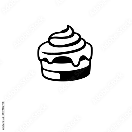 Minimalist Black and White Illustration of a Small Cake with Layered Frosting, Isolated on White Background.