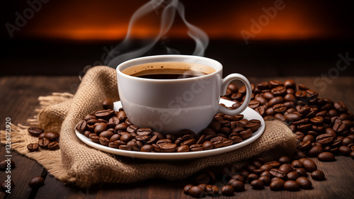 Steaming cup of coffee with roasted beans around