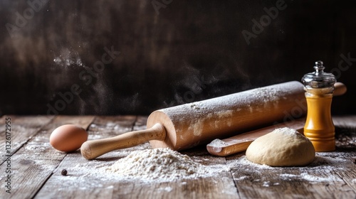 A wooden table set with a rolling pin, great for a rustic or country-themed image