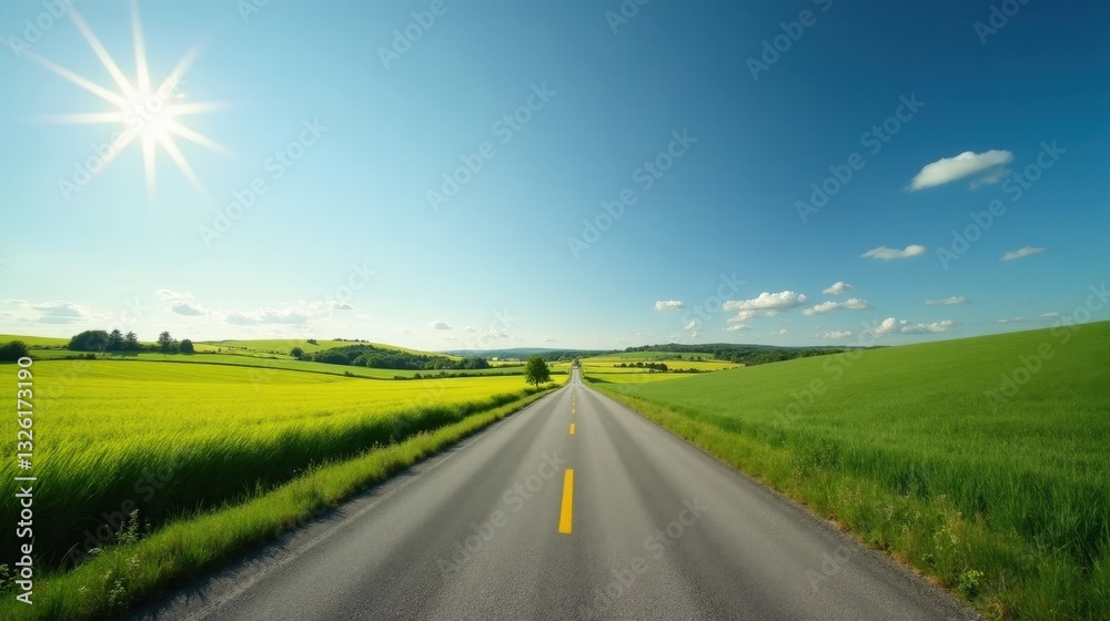 Fototapeta premium A quiet countryside road winding through lush green fields, stretching under a bright blue sky with fluffy white clouds. A serene, picturesque rural landscape in ultra HD.