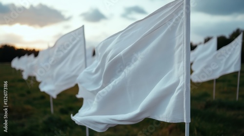 A field of white flags waving in the wind, representing a commitment to non-violence and harmony