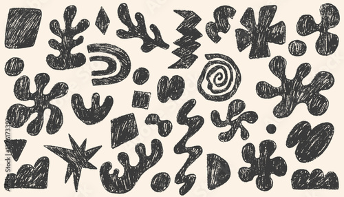 Funky abstract geometric shapes and figures. Boho shapes drawn by crayon. Doodle modern figures, squiggle and other primitive elements pencil texture. Contemporary native swiss design aesthetic.