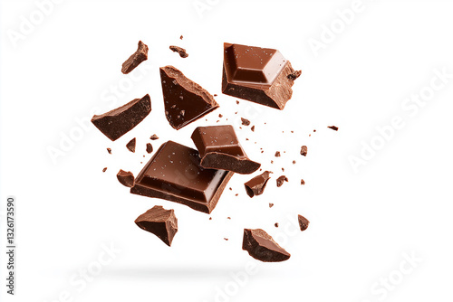 milk, white and dark chocolate broken into pieces in the air on a white background, splashes