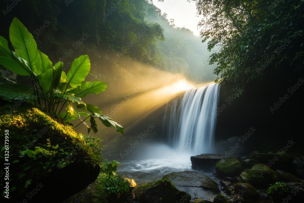 A tropical waterfall hidden within a jungle, with sunlight streaming through the foliage and mist rising from the falls A tropical waterfall hidden within a jungle, with sunlight streaming through the foliage and mist rising from the falls
