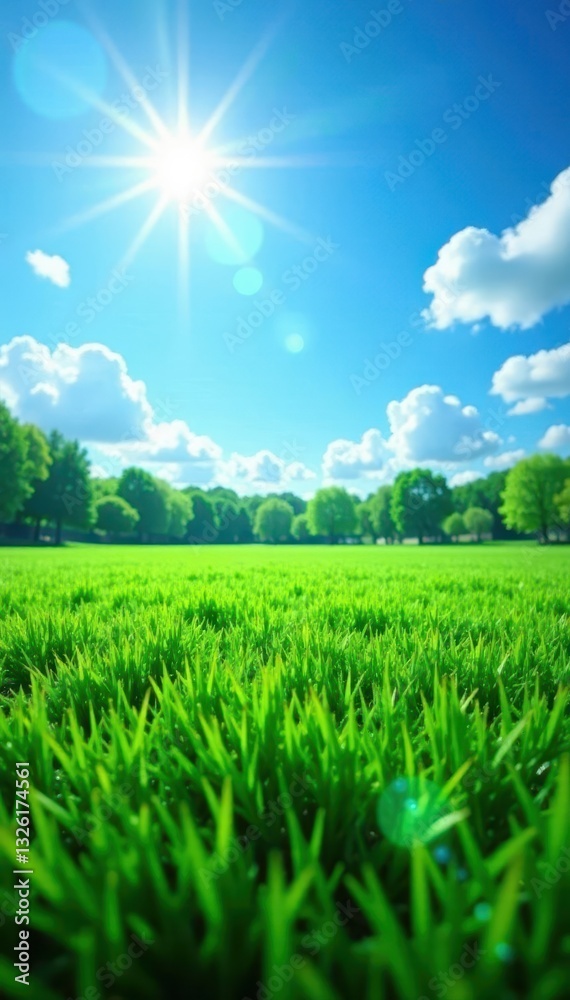 Obraz premium Lush green soccer field under vibrant blue sky, bright sun , view, active, soccer
