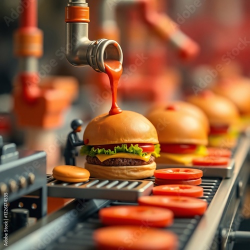 Automated Burger Production Line with Toy Figures in a Modern Setting