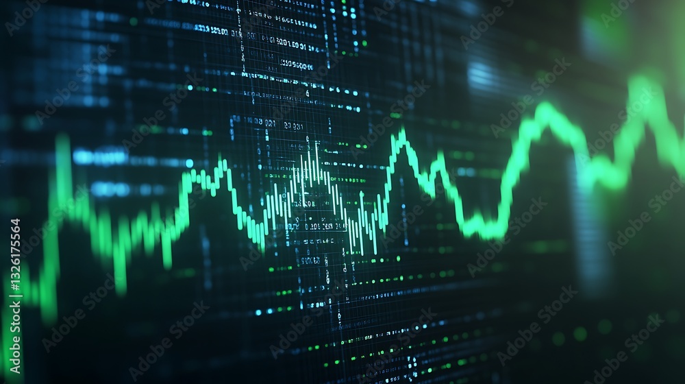 Abstract Digital Waveform Chart Representing Analyzed Data and Trend in Green Hues Over Dark Background
