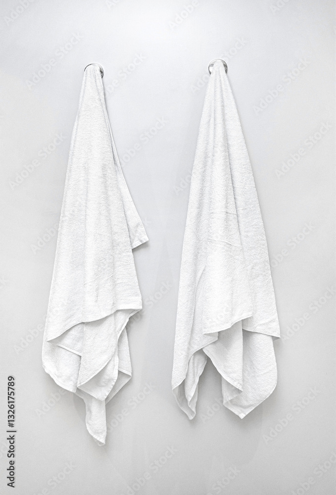 Fototapeta premium Two white towels hanging on hooks in bathroom, cleanliness and hygiene concept