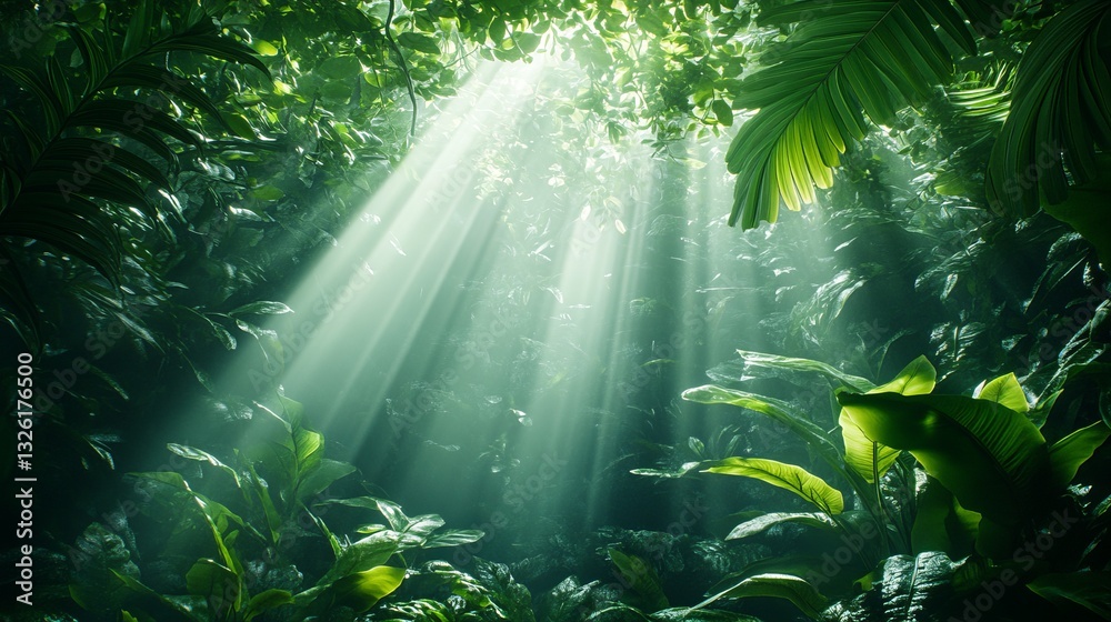 Obraz premium Enchanting Jungle Scene with Sunlight Streaming Through Lush Green Leaves Creating a Magical Atmosphere