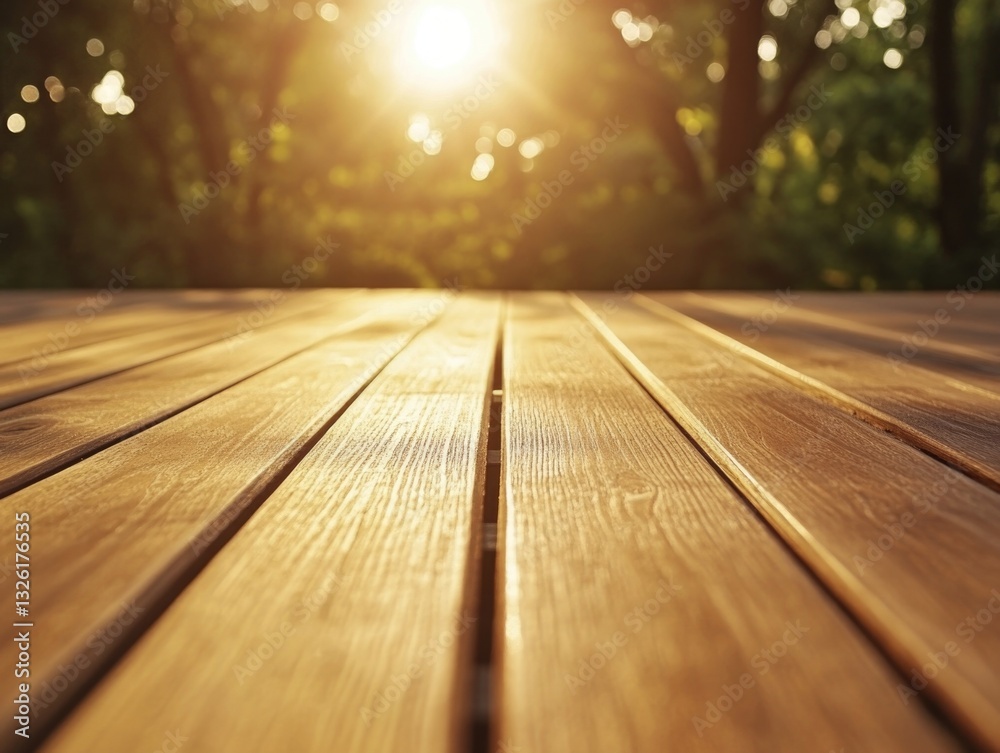 A wooden deck surrounded by trees with sunlight filtering through the leaves A wooden deck surrounded by trees with sunlight filtering through the leaves