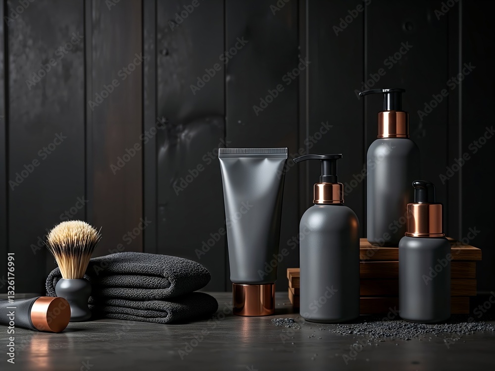 Men's grooming products. Premium dark gray men's skincare collection with copper accents displayed with shaving brush and black towels against dark background.