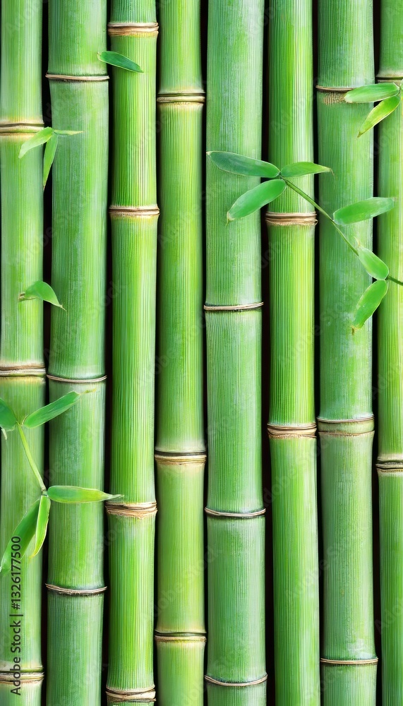 Green Bamboo Stalks Background. Natural Texture of Vertical Parallel Trunks with Knots and Leaves. Green Bamboo Stalks Background. Natural Texture of Vertical Parallel Trunks with Knots and Leaves.