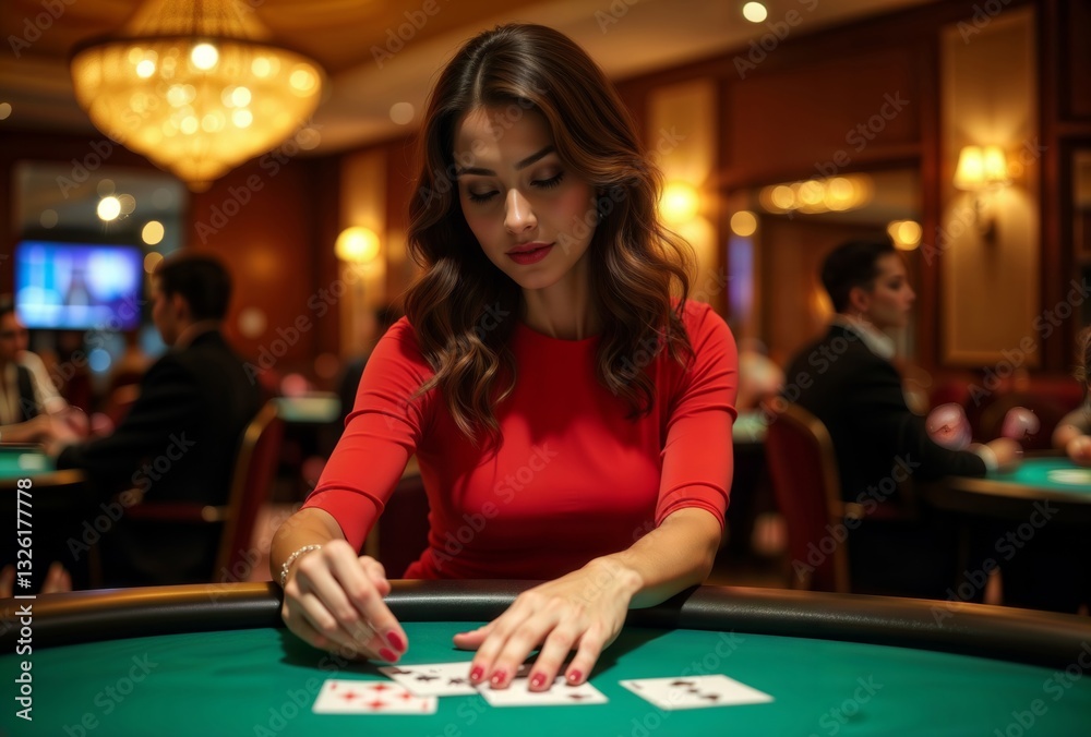 Fototapeta premium Woman playing poker. Focused woman in red dress playing cards at casino table.