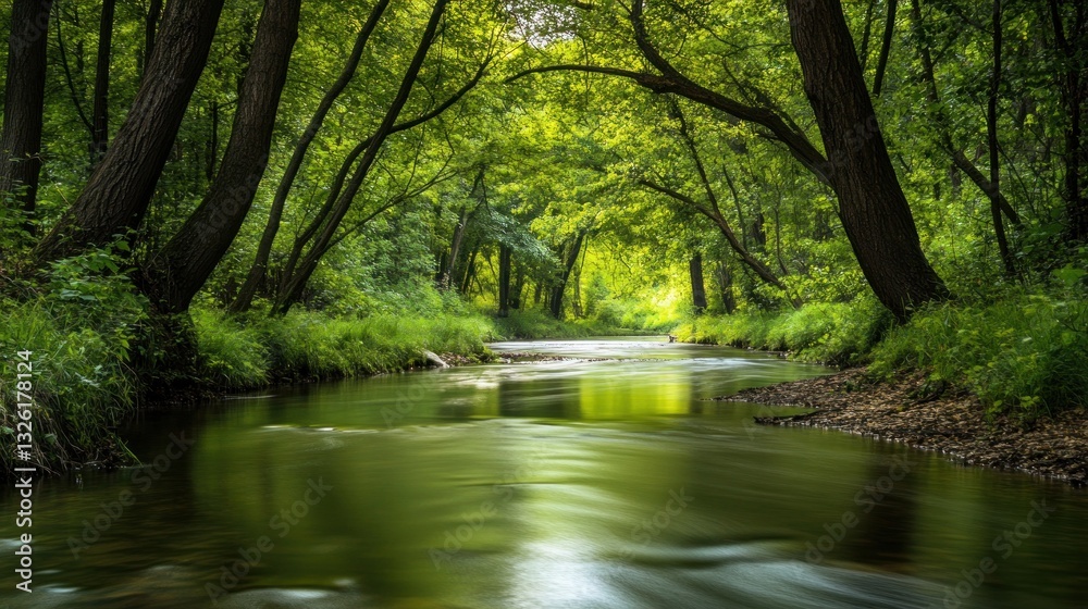 Scenic woodland stream: Tranquil waters winding through lush green forest trees Scenic woodland stream: Tranquil waters winding through lush green forest trees