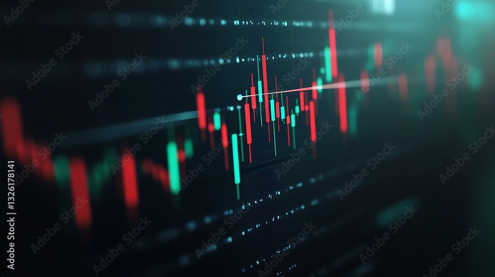 Obraz premium Abstract Financial Data Visualization with Colorful Graphs and Candlestick Chart Indicators in Dark Background