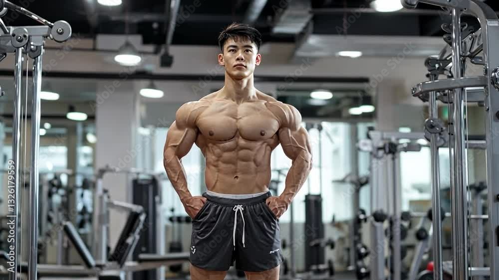 A muscle-bound athlete strikes a powerful pose in a contemporary fitness center. The bright and spacious gym features various workout equipment, highlighting dedication to fitness and strength A muscle-bound athlete strikes a powerful pose in a contemporary fitness center. The bright and spacious gym features various workout equipment, highlighting dedication to fitness and strength