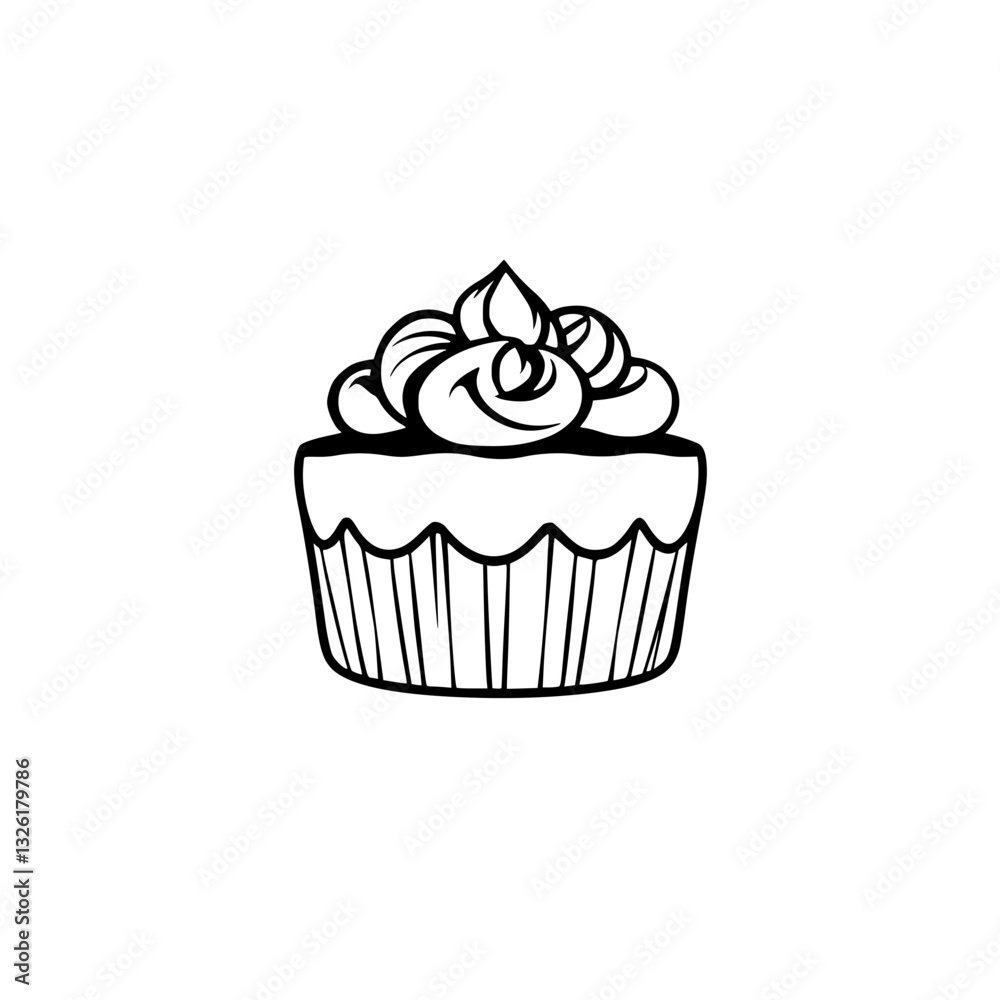 Detailed Black and White Line Art Illustration of a Frosted Cupcake on a White Background, Isolated. Detailed Black and White Line Art Illustration of a Frosted Cupcake on a White Background, Isolated.
