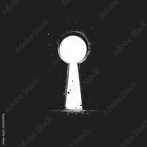 Abstract keyhole symbol with glowing light, ink wash illustration, mysterious entrance representing access, security, opportunity, and hidden secrets