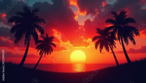 L A sunset silhouettes palm trees against fiery sky , vacation, background