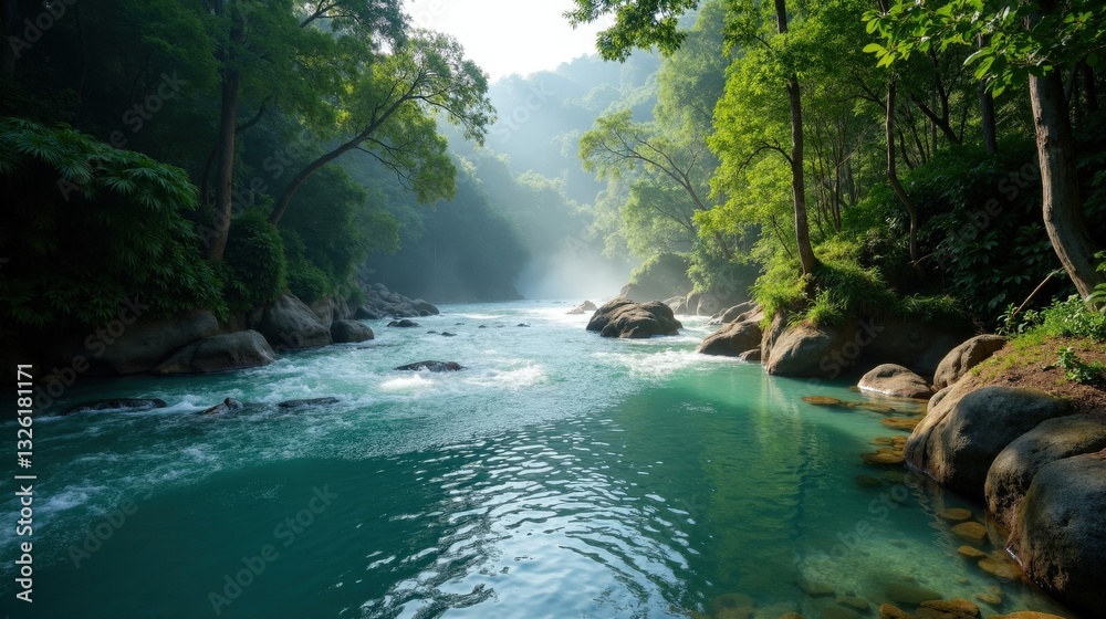 A crystal-clear river winding through a lush rainforest, mist rising from the water, dense green foliage surrounding the pristine stream in an ultra-realistic, detailed 3D render. A crystal-clear river winding through a lush rainforest, mist rising from the water, dense green foliage surrounding the pristine stream in an ultra-realistic, detailed 3D render.