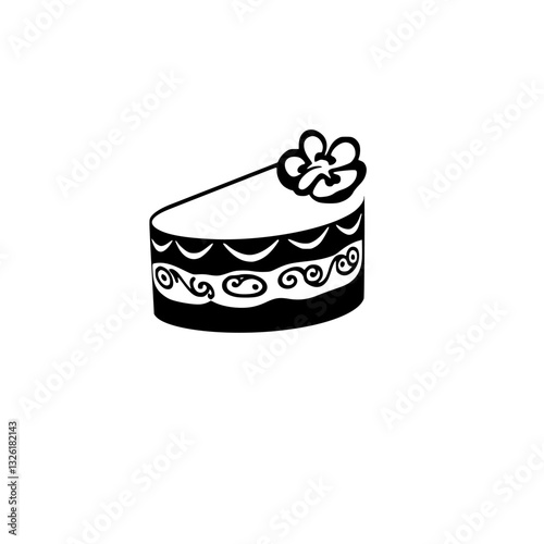 Black and white minimalistic illustration of a slice of cake, decorated with a flower and ornate patterns, set against a pure white background.