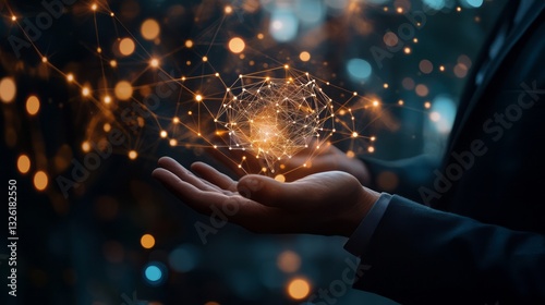 Businessman holding a virtual network in his hand, a concept of digital technology and connection using data connections to connect global sides.