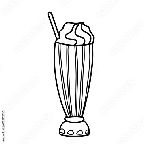 Milkshake with soft serve ice cream and Straw in Tall glass. Hand drawn Vector illustration in Doodle style isolated on a background. For menu, print or web infographics.