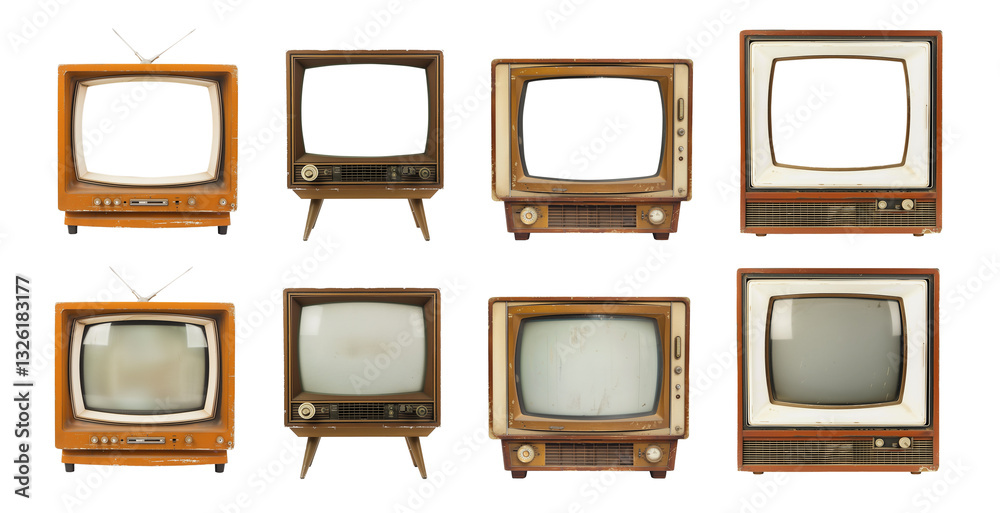 Collection of retro TV sets, old vintage mid-century televison wooden box isolated on white or transparent background, png file