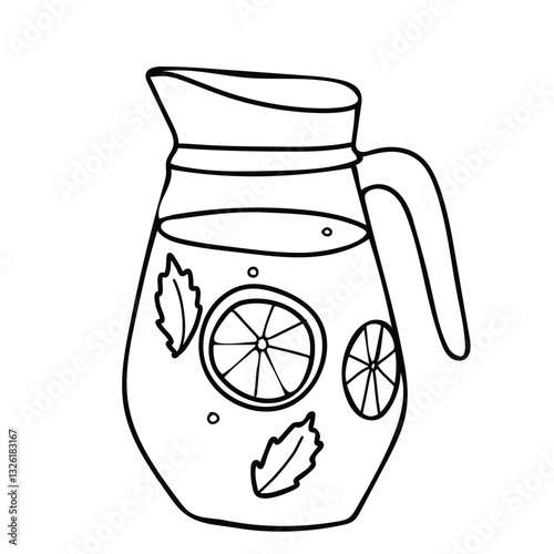 Lemonade Jug. Summer refreshment beverage with Lemon and mint. Hand drawn vector illustration in Doodle style isolated on a background. For restaurant menus and graphic design projects.
