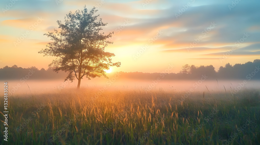 Obraz premium Beautiful foggy sunrise in English countryside with soft pastel sky and calm feeling : Generative AI