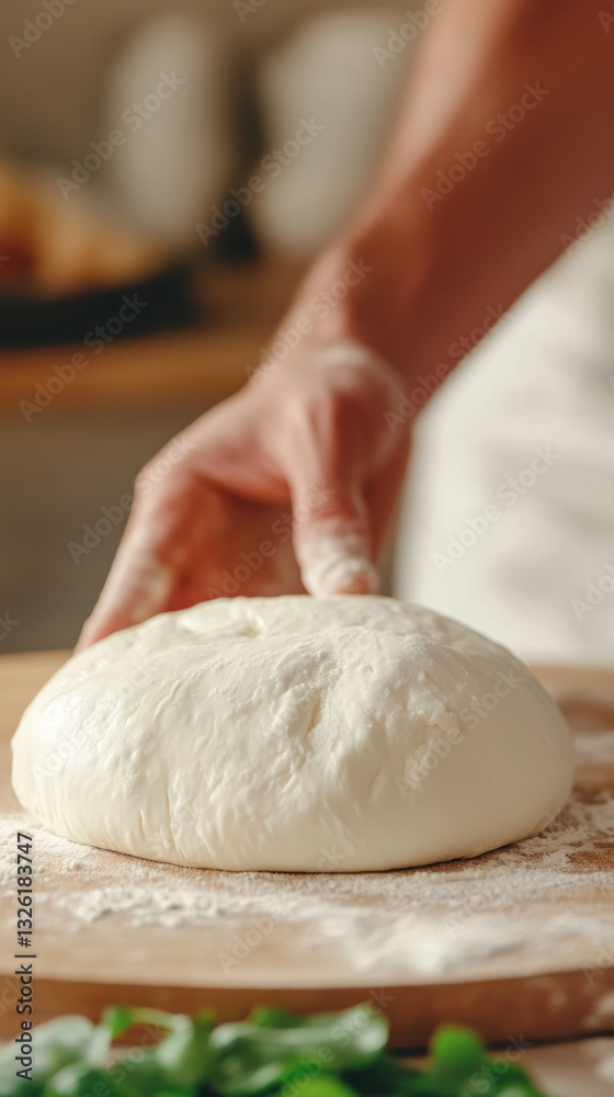 Person kneading fresh dough on a wooden surface with flour and greens nearby in a warm rustic kitchen setting Person kneading fresh dough on a wooden surface with flour and greens nearby in a warm rustic kitchen setting