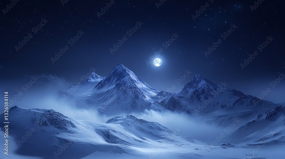 Majestic Snowy Mountain Peak Illuminated by Full Moon in Clear Night Sky Creating a Serene Atmosphere Majestic Snowy Mountain Peak Illuminated by Full Moon in Clear Night Sky Creating a Serene Atmosphere
