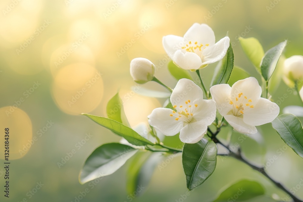 Obraz premium A cluster of orange blossoms on a citrus tree, surrounded by glossy green leaves and a sunny orchard setting