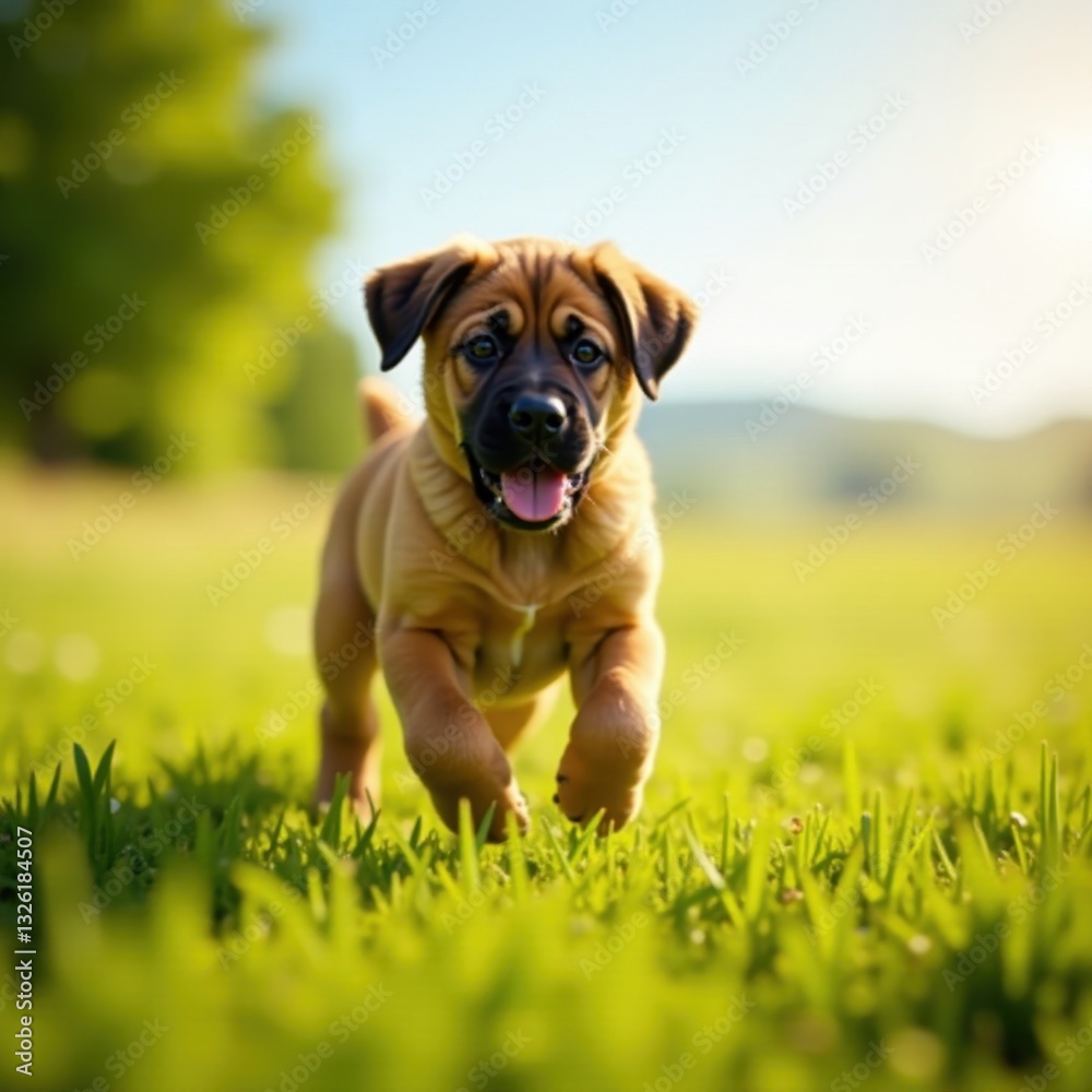 Large Mastiff puppy romps in sunny summer field, canine, day